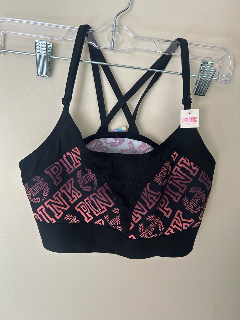 PINK Victoria's Secret Black Sports Bra with Pink Logo Print
